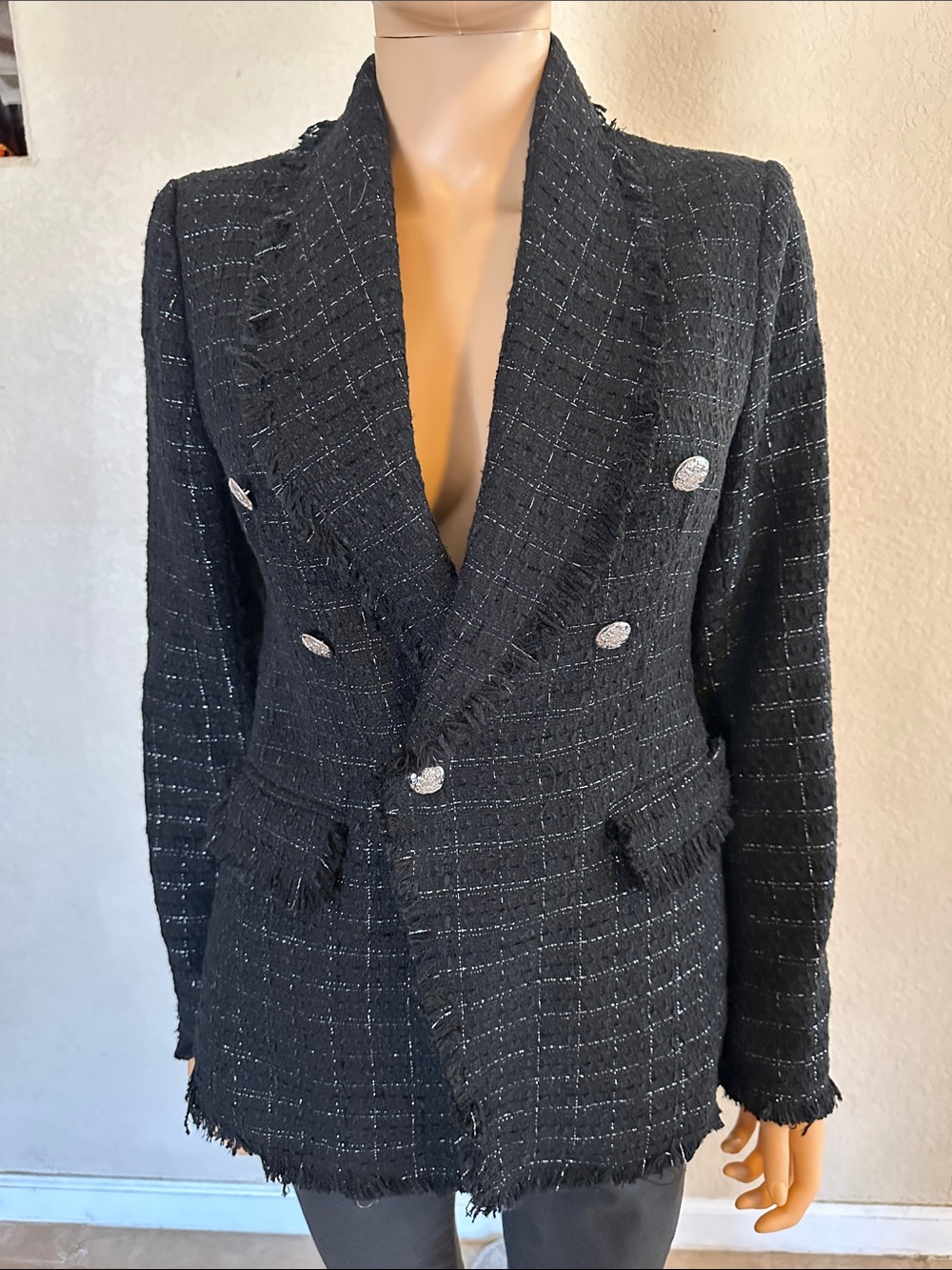Rachel Zoe Black Tweed Double-Breasted Fringe Blazer